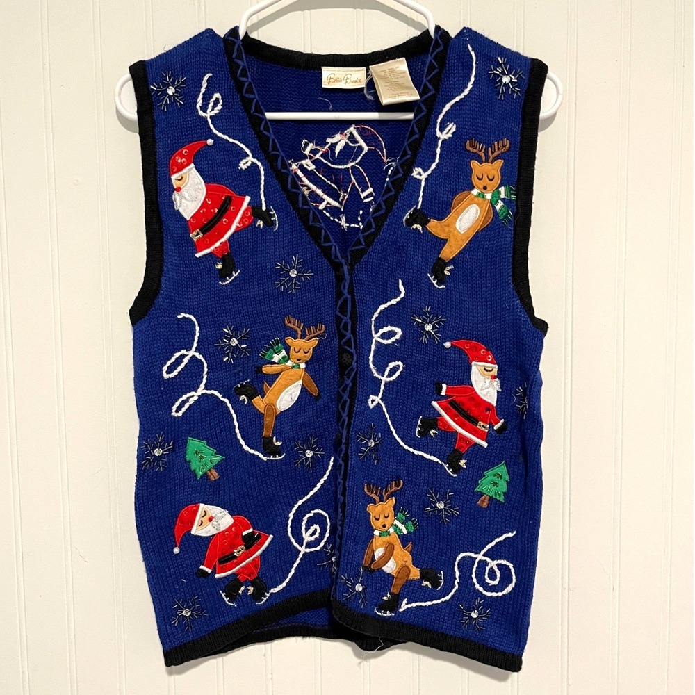 Vintage Bobbie Brooks Christmas Sweater Vest Womens Small Blue Santa Reindeer